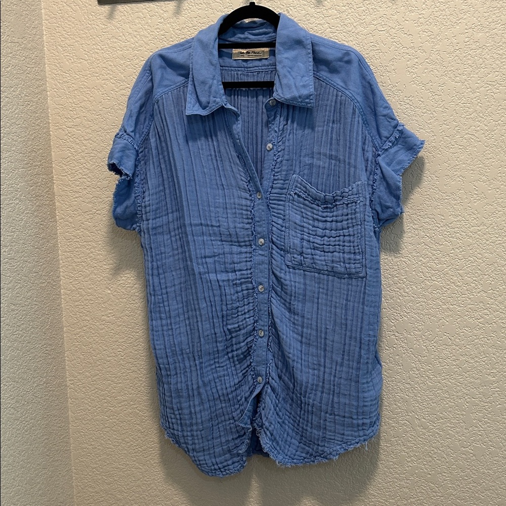 We The Free Textured Short-Sleeve Button-Up Cover-Up in Blue